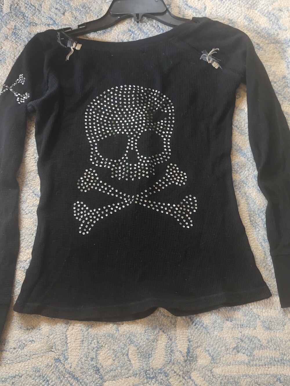 Rhinestone Skull Long Sleeve Tee - Black - Halloween Tee